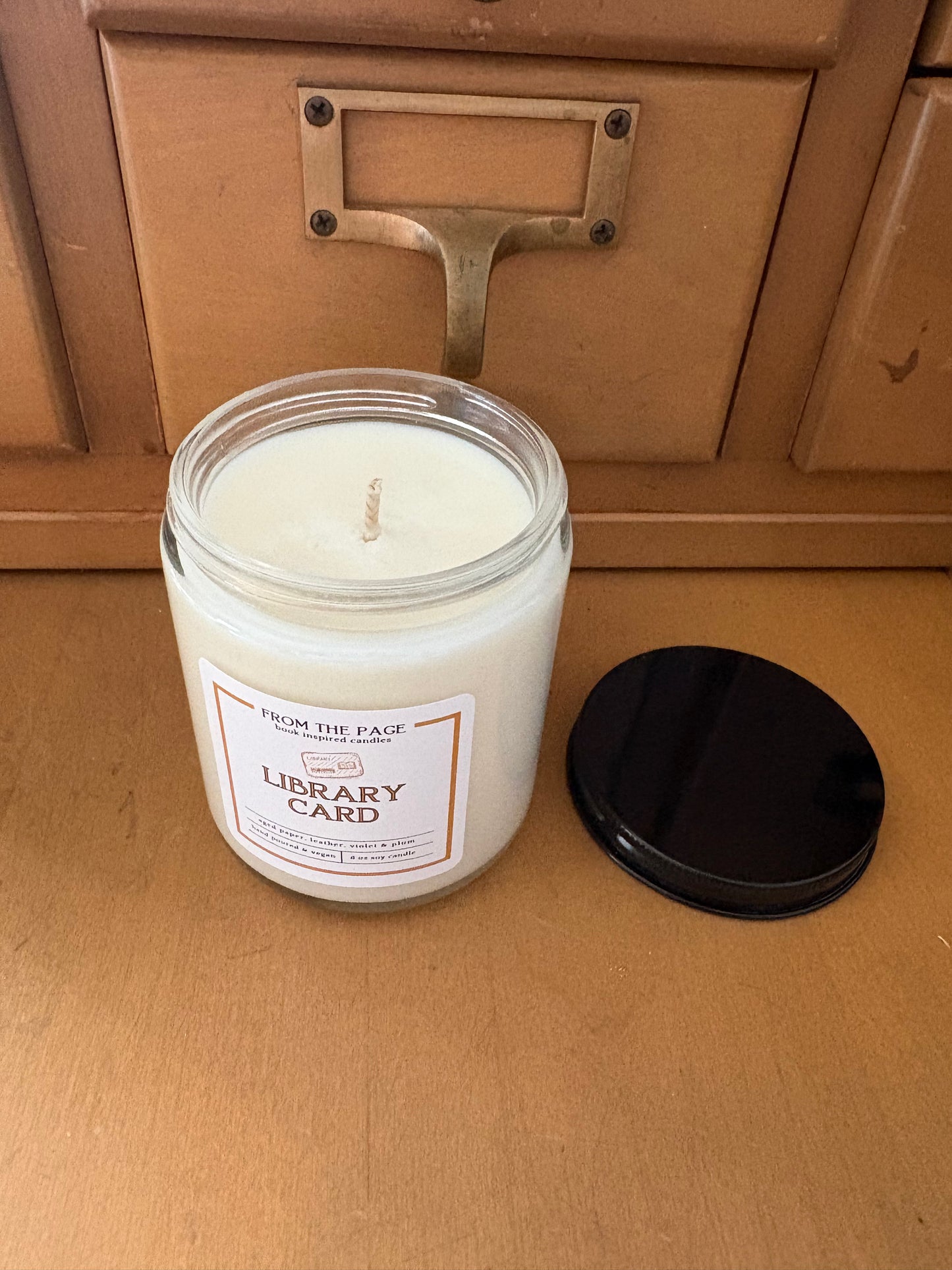 Library Card - Candle of the Month (aged pages, leather, violet & plum)