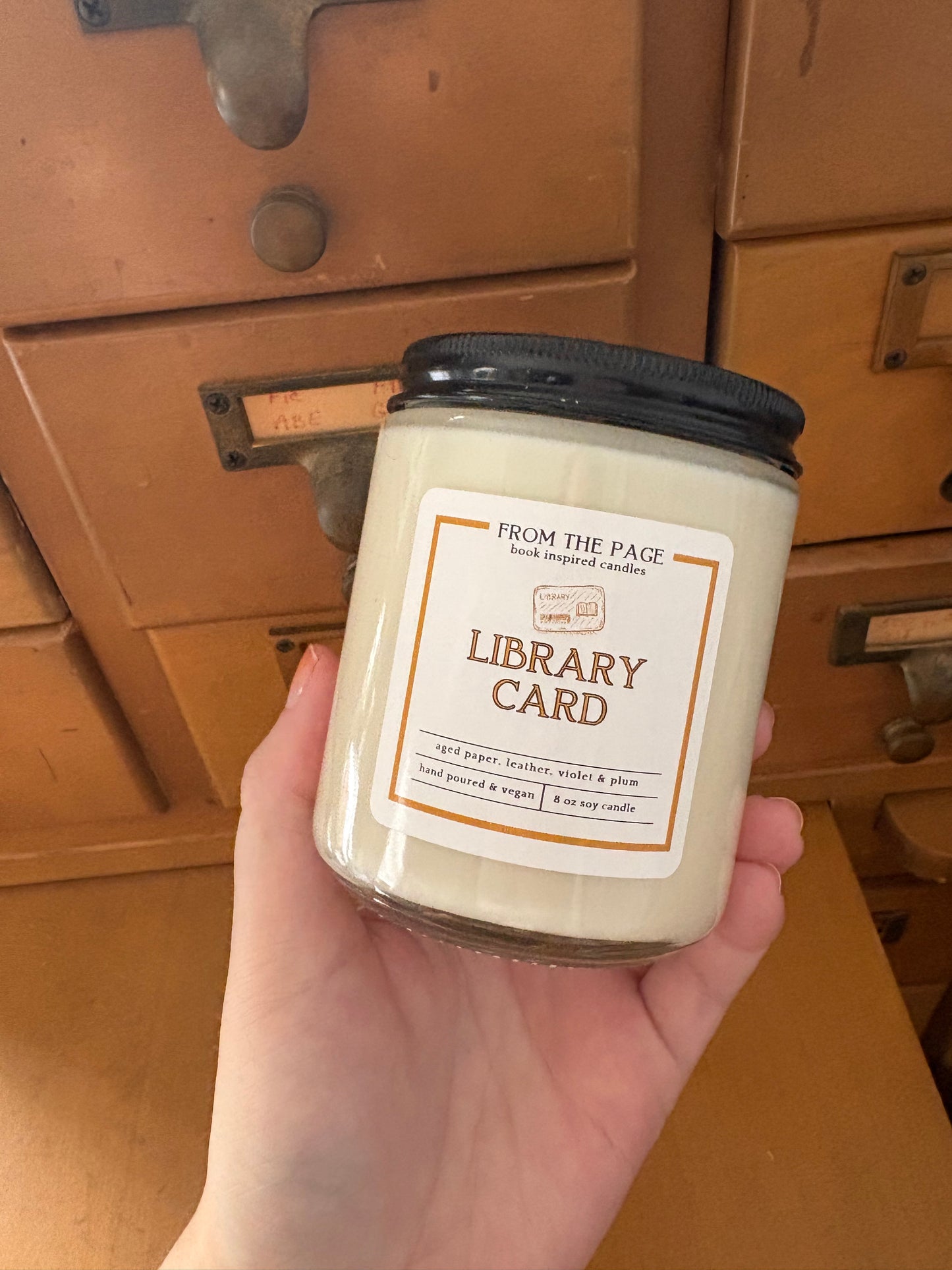 Library Card - Candle of the Month (aged pages, leather, violet & plum)