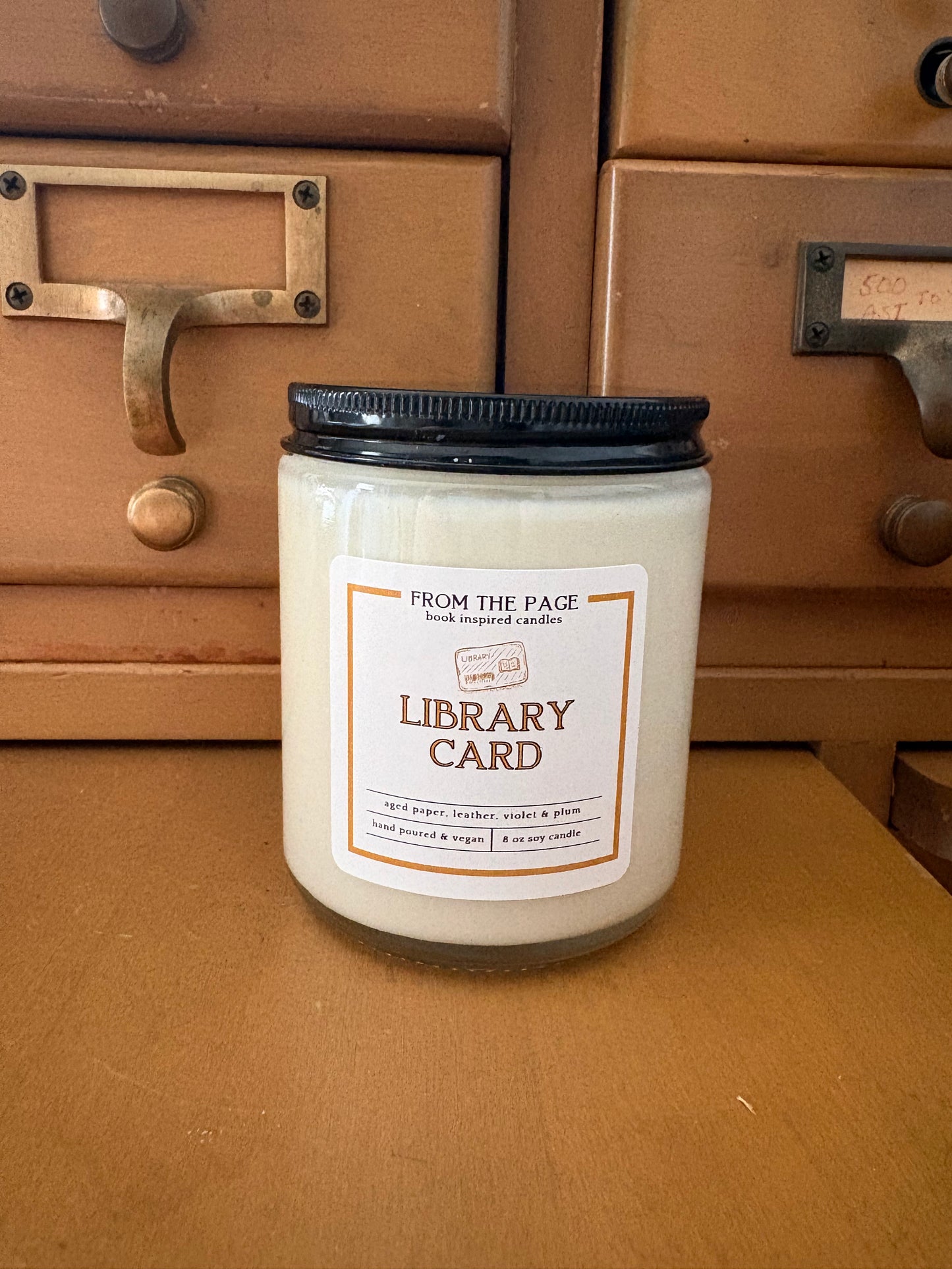 Library Card - Candle of the Month (aged pages, leather, violet & plum)
