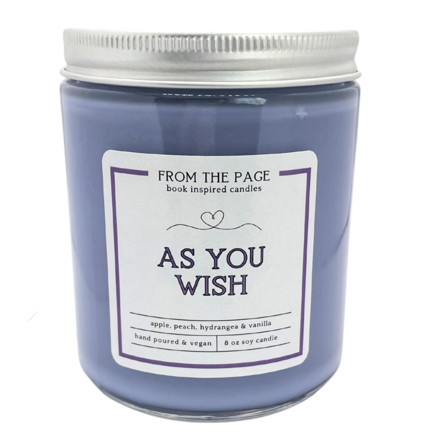 Purple candle with a silver lid, with a white background. The label reads As You Wish with a heart