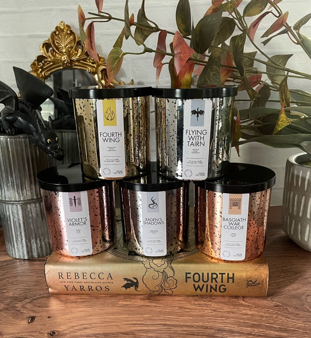 fourth wing candle bundle, 5 speckled jars with leaves and book in background